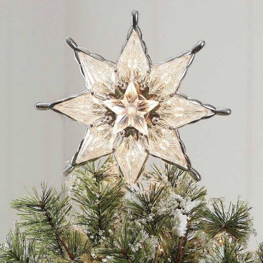 Light Up Silver-Trim Retro Clear 8-Point Star Christmas Tree Topper 8" Lit LED